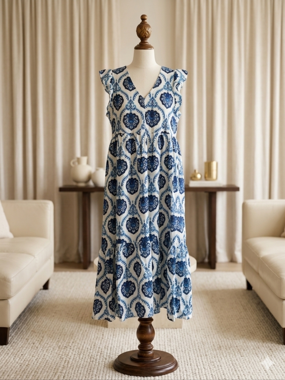 Wholesalesir Blue Damask Flutter Sleeve Maxi Dress Lg & XL